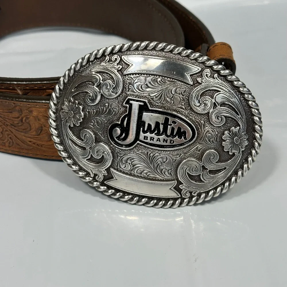 Justin Trophy Belt Mens 32 Brown Floral Embossed Leather Silver Buckle Excellent